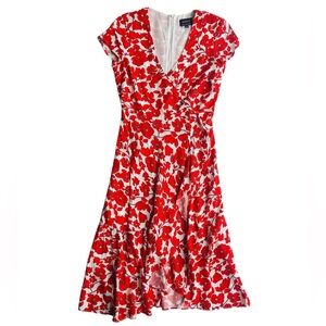 Bardot Red Floral Asymmetrical Ruffle Dress Fit Flare Wedding Guest